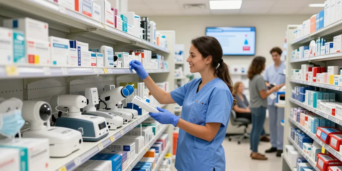 Canadian Medical supplies available in a healthcare store, showcasing diagnostic tools and protective gear.