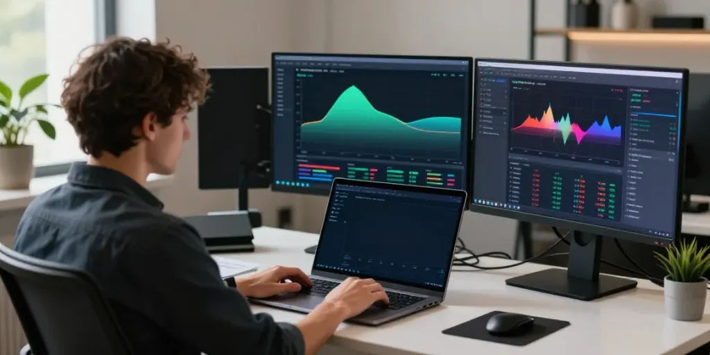 Trader using Quantum AI platform to analyze cryptocurrency markets in a modern workspace.