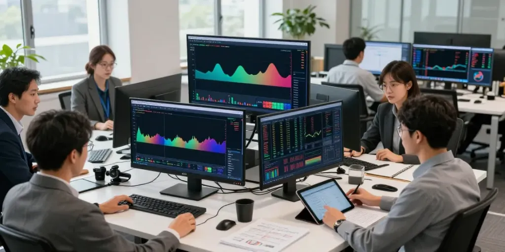 Slate Capivex trading team analyzing AI-assisted market data in modern office.