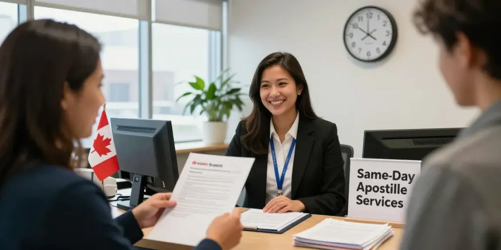 Apostille service staff assisting a customer with important documents in a Toronto office.