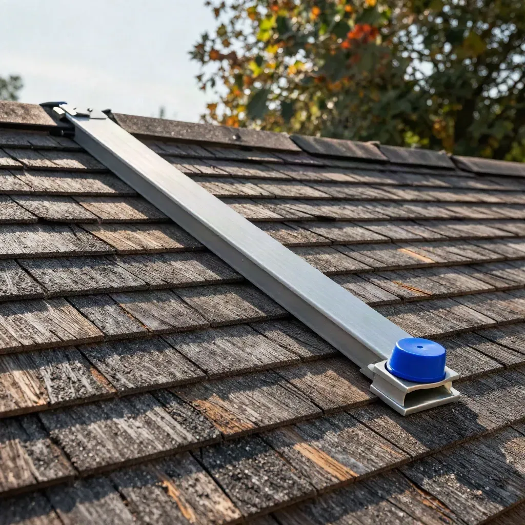 Cedar-shingle roof with solar mounting feet and rail clamps under a dormer shadow
