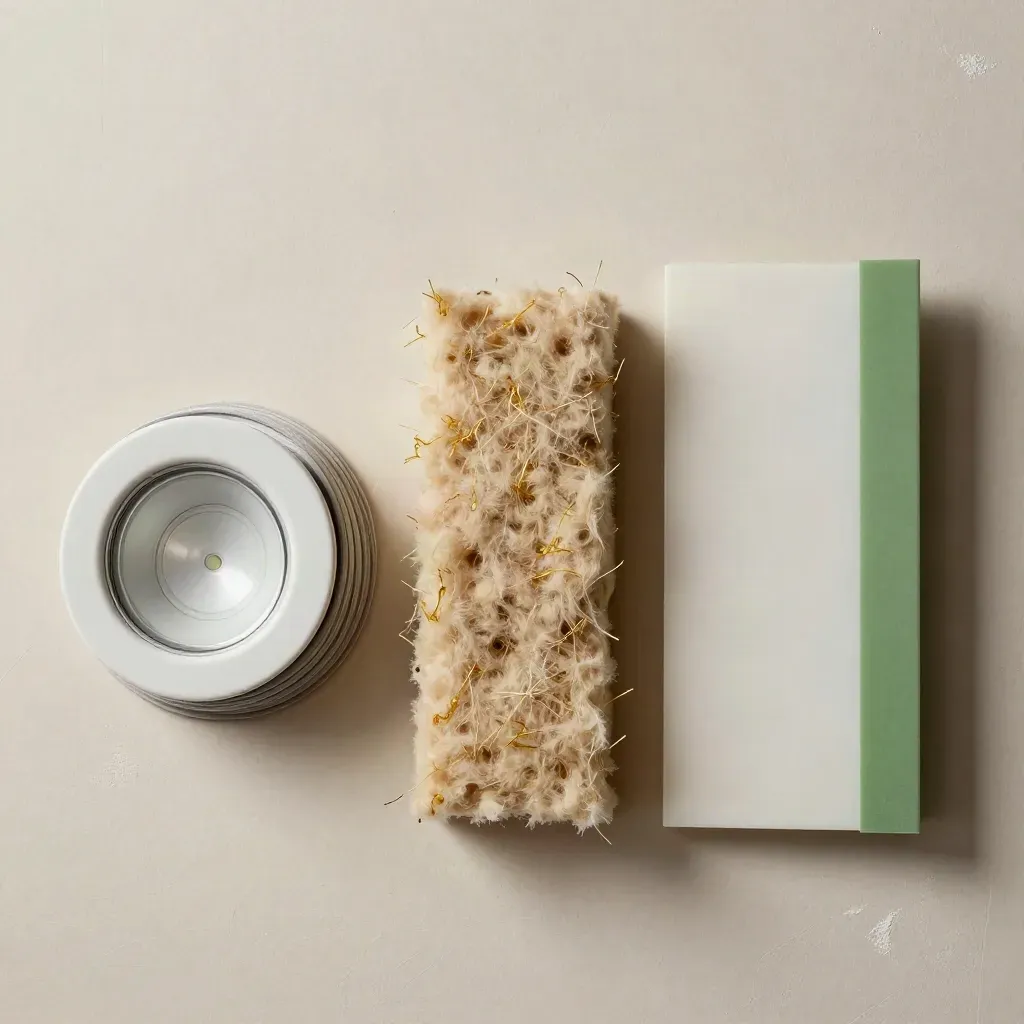 Retrofit materials lined up on pale plaster: LED downlight, insulation, weatherstrip and diffuser.