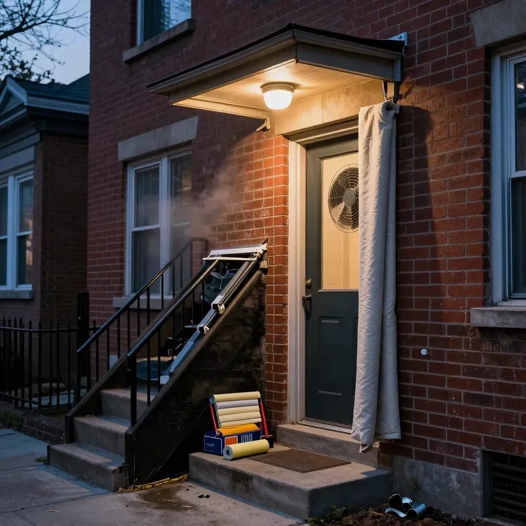 Brick Toronto townhouse entry with blower-door fan, attic hatch, thermal blankets and draft-seal kit at dusk.