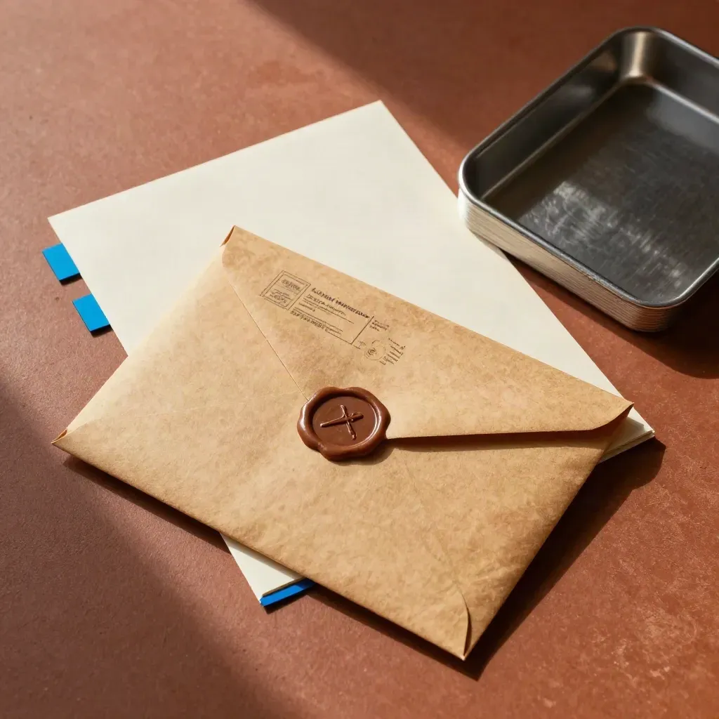 Top-down rebate packet with sealed envelopes, approval stamp, blue tabs, and a metal file tray.