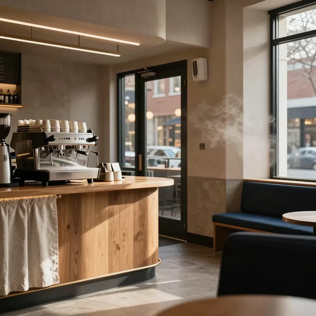 Empty Toronto café interior with warm LEDs, heat pump, espresso bar, and winter light.