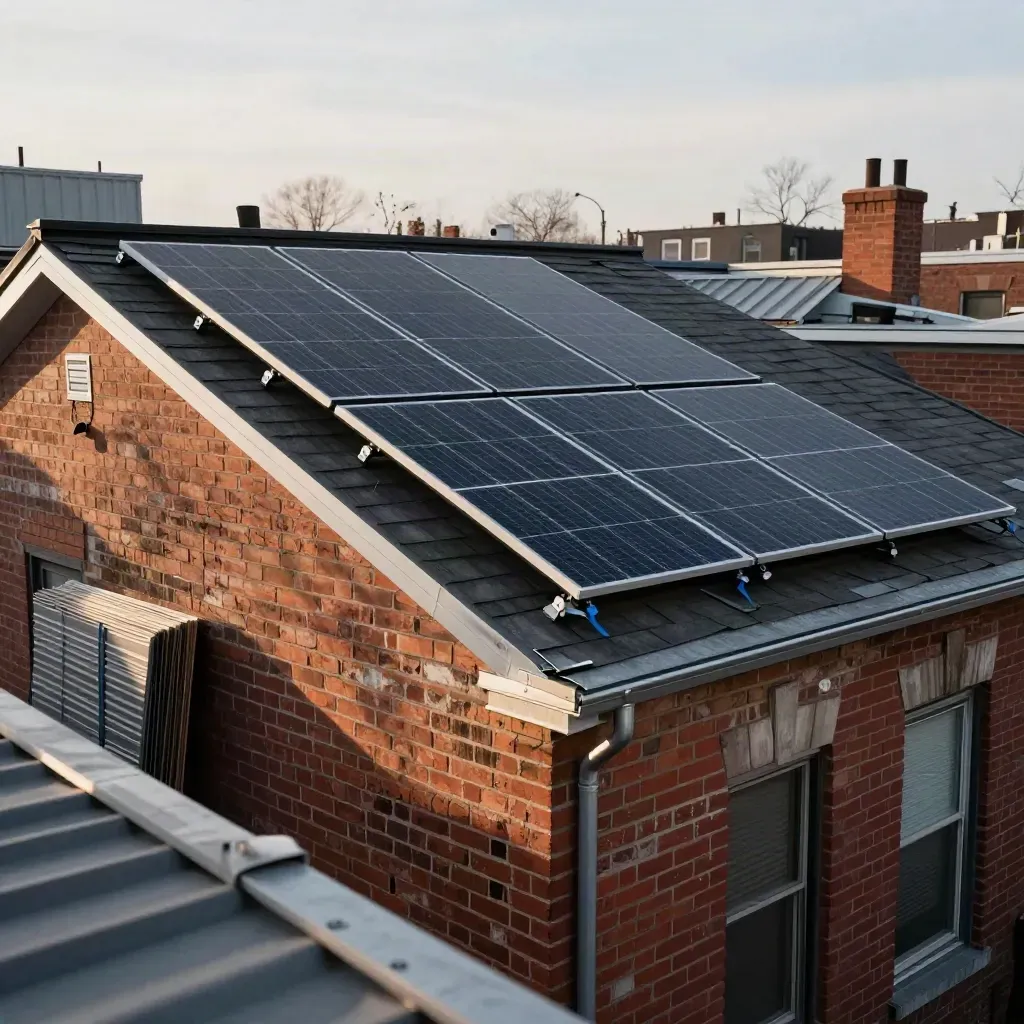 Ottawa duplex roof with solar rails, panel cartons and bright spring sky.