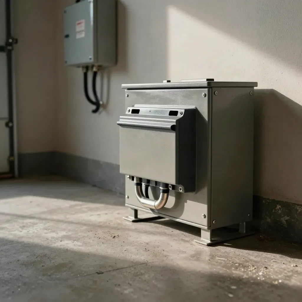 Garage battery cabinet beside transfer switch and conduit in a moody utility space.