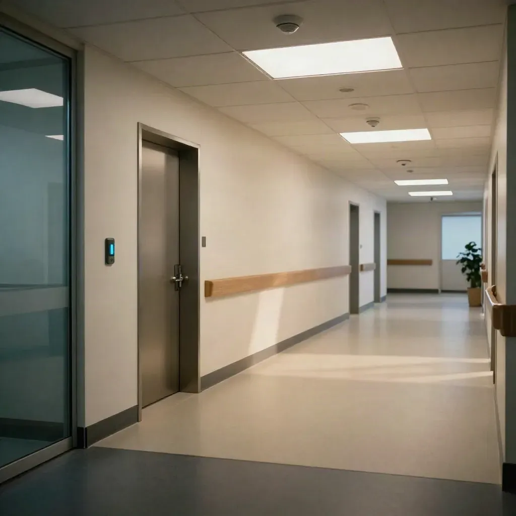 Empty Halifax clinic hall with LED panels, sensors, and utility closet door glowing softly.