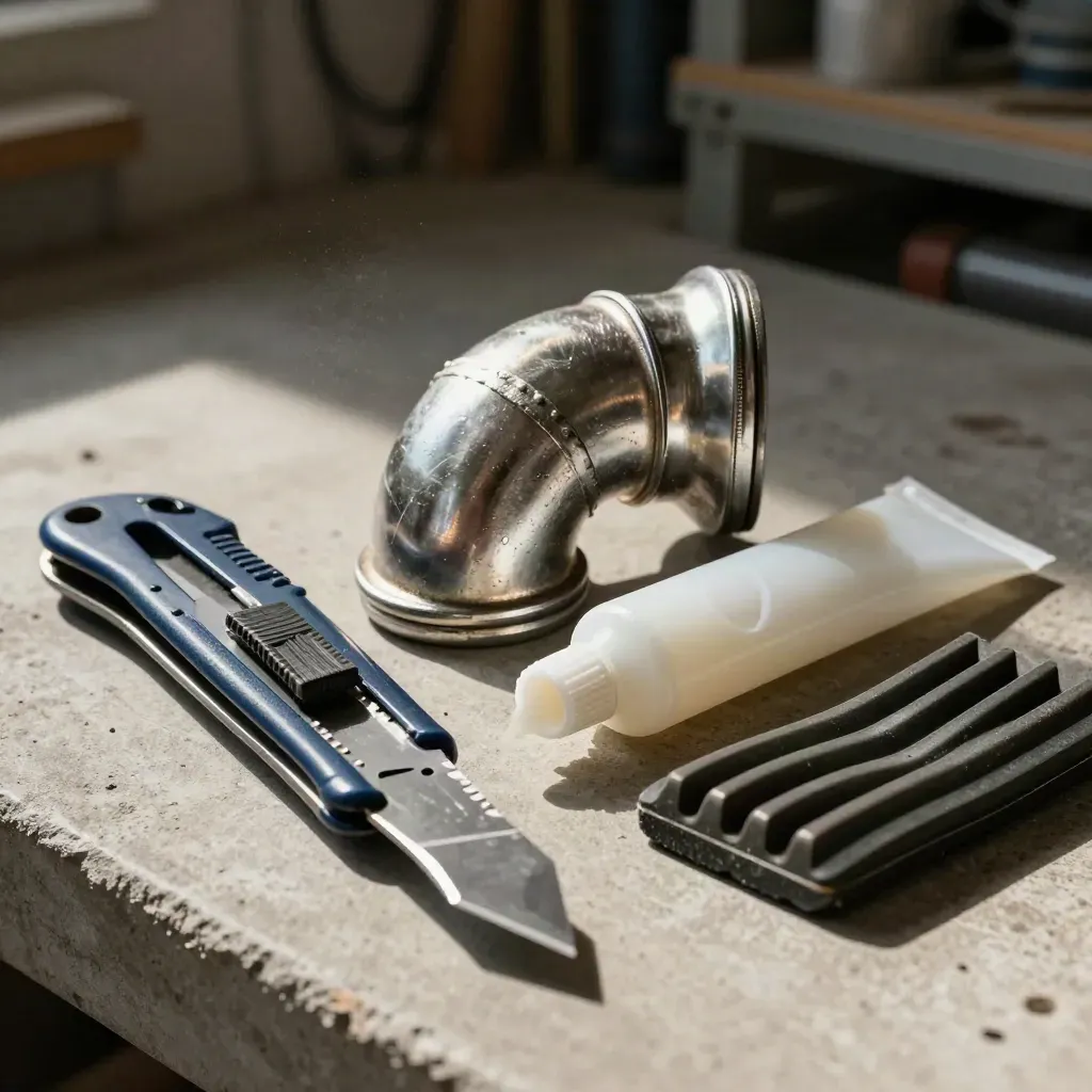 Utility knife, duct elbow, sealant tube, and isolator pad on a concrete workshop surface.