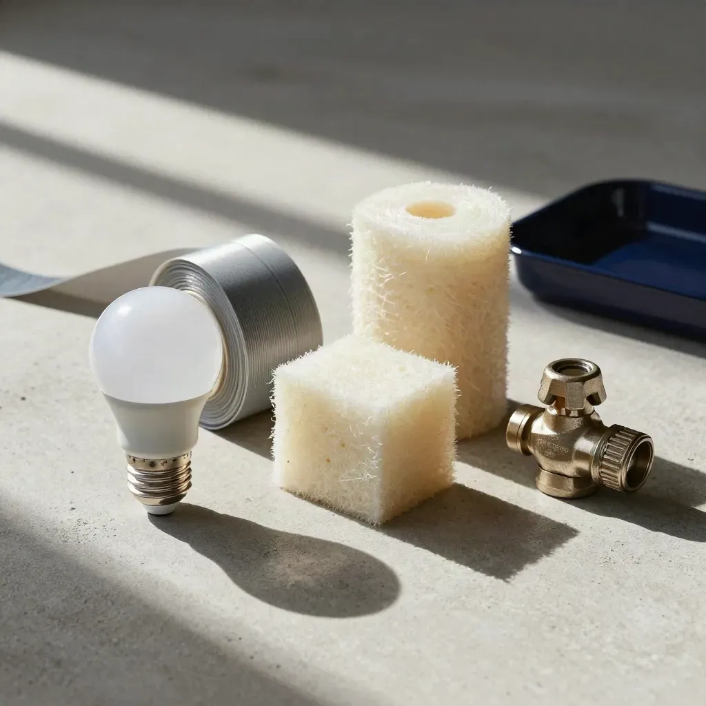 LED bulb, weatherstrip, insulation offcut and radiator valve on concrete with soft side light.