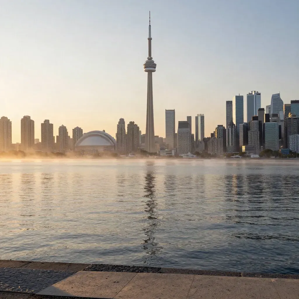 Toronto skyline and CN Tower in golden haze over calm waterfront at sunset.