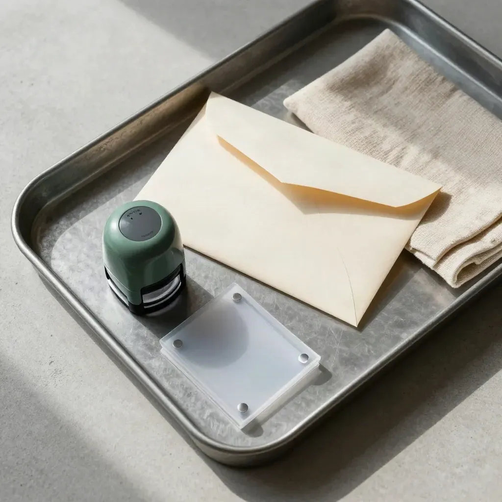 Top-down rebate filing still life with tray, envelope, stamp and sleeve organizer on concrete.