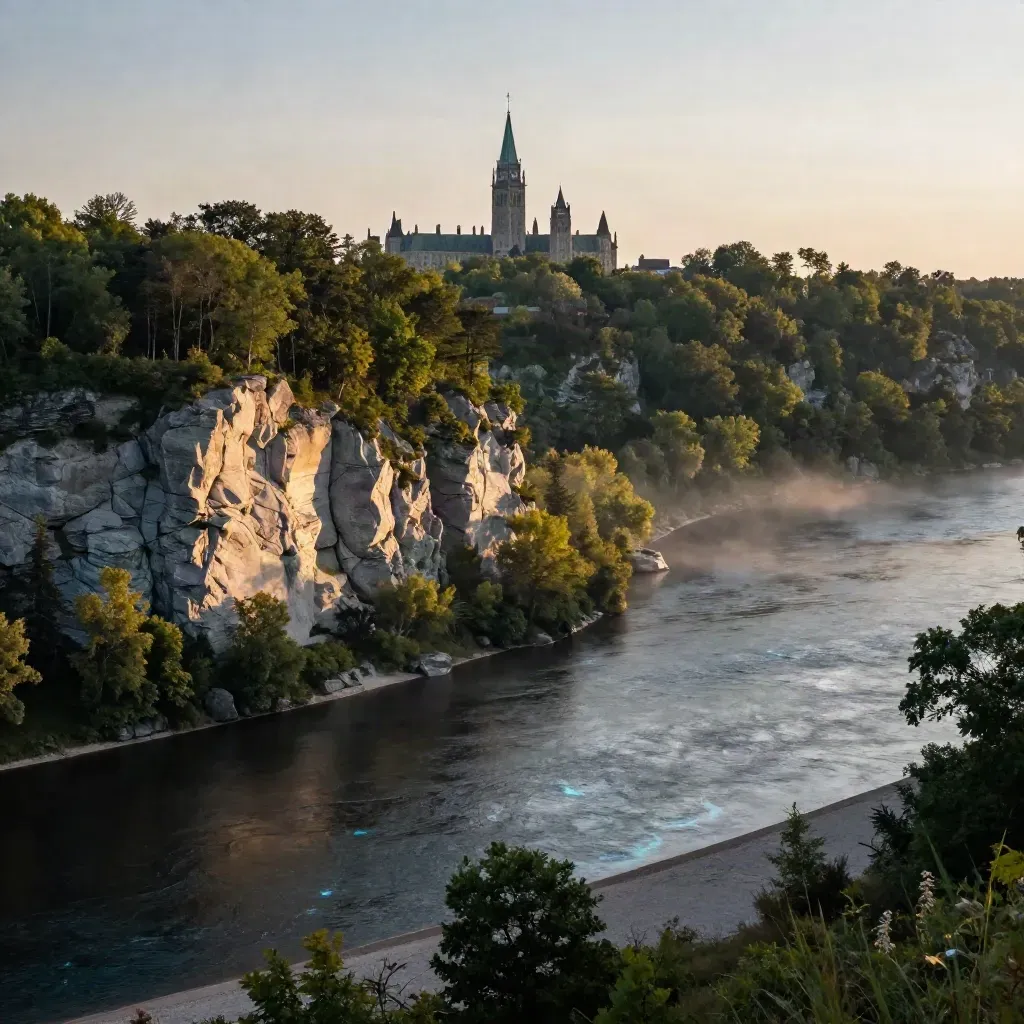 Ottawa Valley river bend, limestone escarpment and Parliament silhouette in warm evening haze