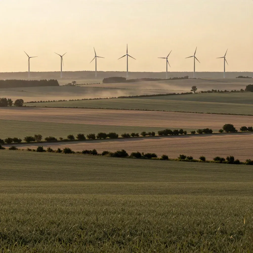 Golden Ontario farmland with hedgerows and distant wind turbines above calm open fields.