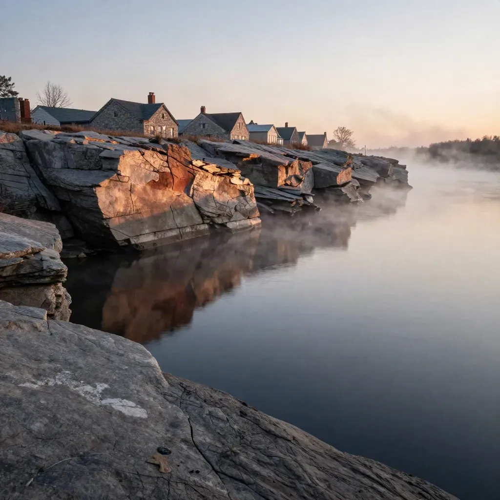 Limestone riverfront at dusk with mist, distant stone roofs, and calm copy space