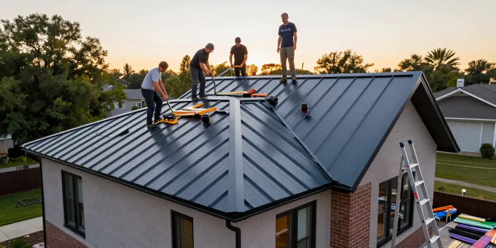Metal roofing installation by professionals at mroof.ca during sunset.