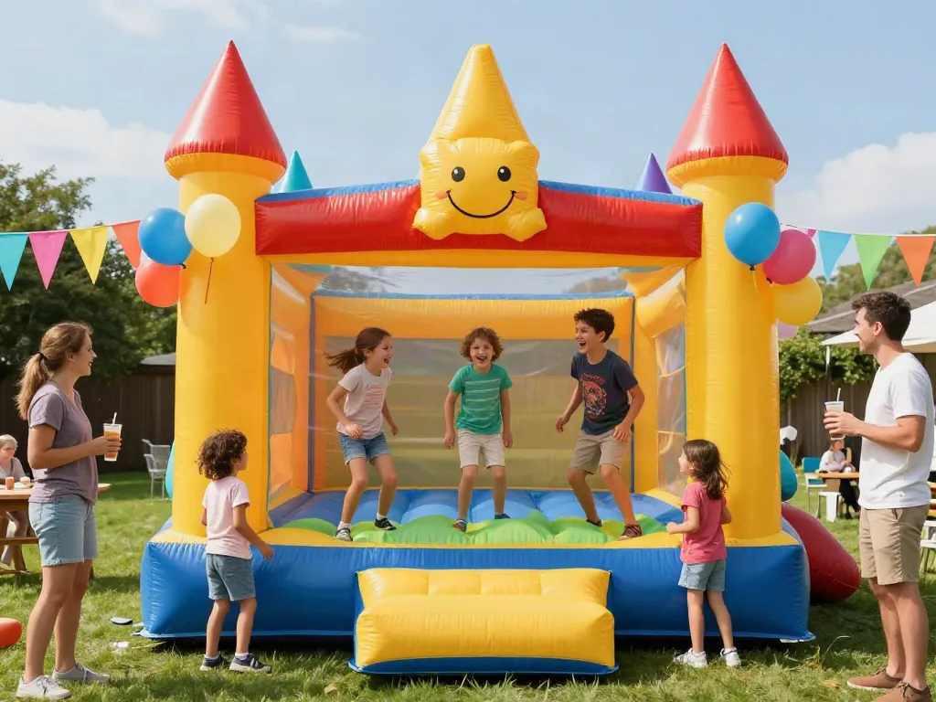 Children enjoying a joyful day in an inflatable castle at an outdoor birthday party.