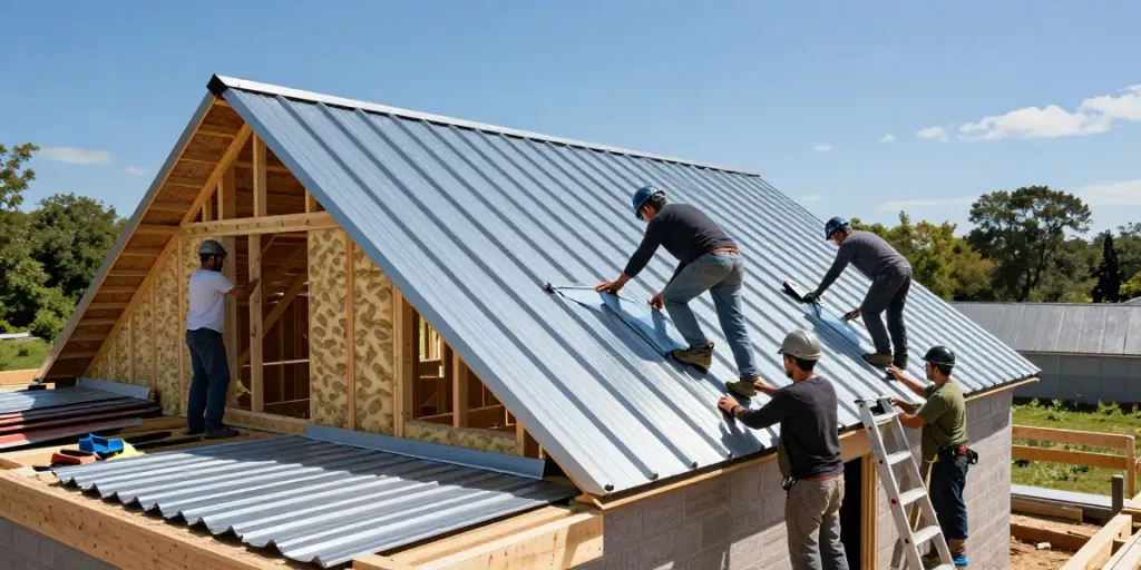 Team installing M Roof metal roofing panels on a residential home