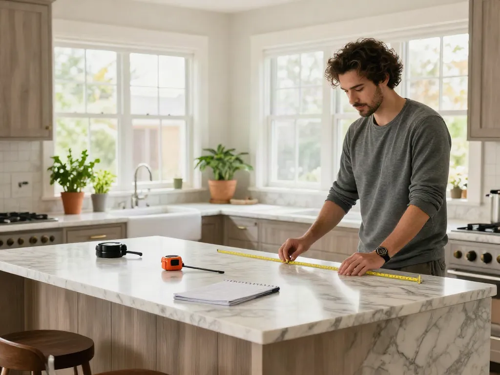 Custom countertops Hamilton showcased in a bright kitchen scene with homeowner measuring dimensions, rich marble textures, inviting atmosphere.