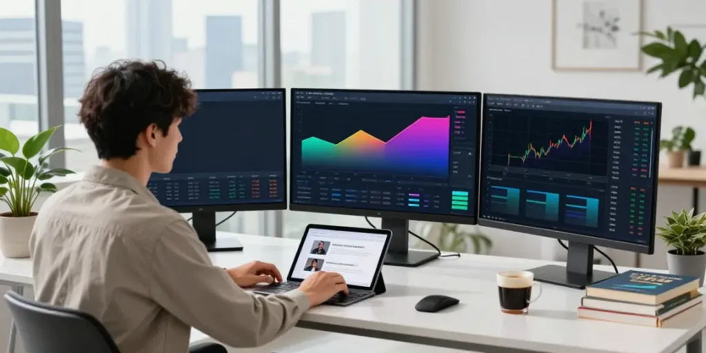 Engaged user analyzing AI trading data on nordencore.ca with modern workspace elements.