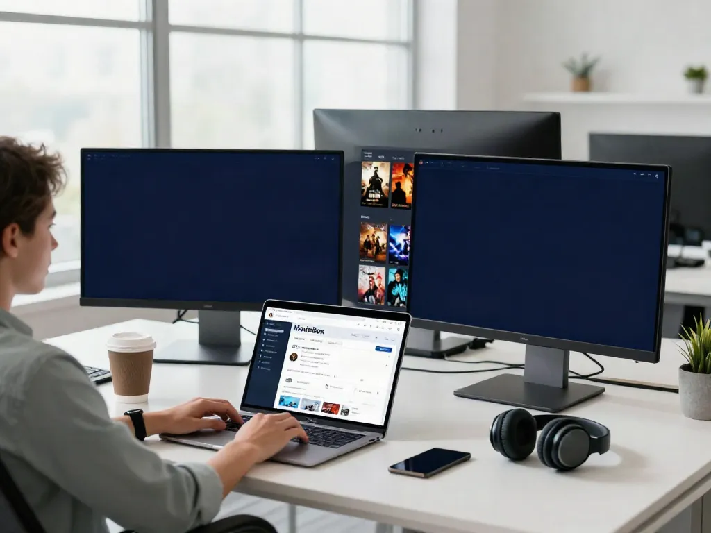 Person using moviebox pc apk download on a modern workspace with multiple devices.